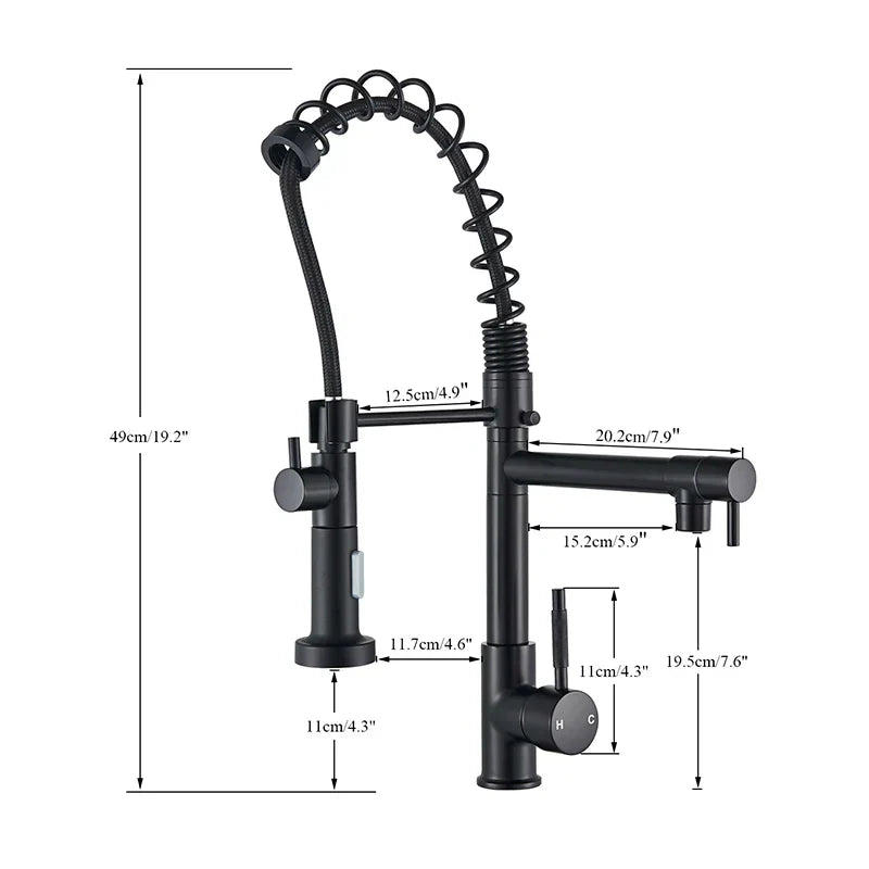 DecorBites™ Dual Spout Kitchen Sink Faucet - Matte Black Finish, Deck Mount Spring Mixer