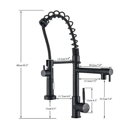 DecorBites™ Dual Spout Kitchen Sink Faucet - Matte Black Finish, Deck Mount Spring Mixer
