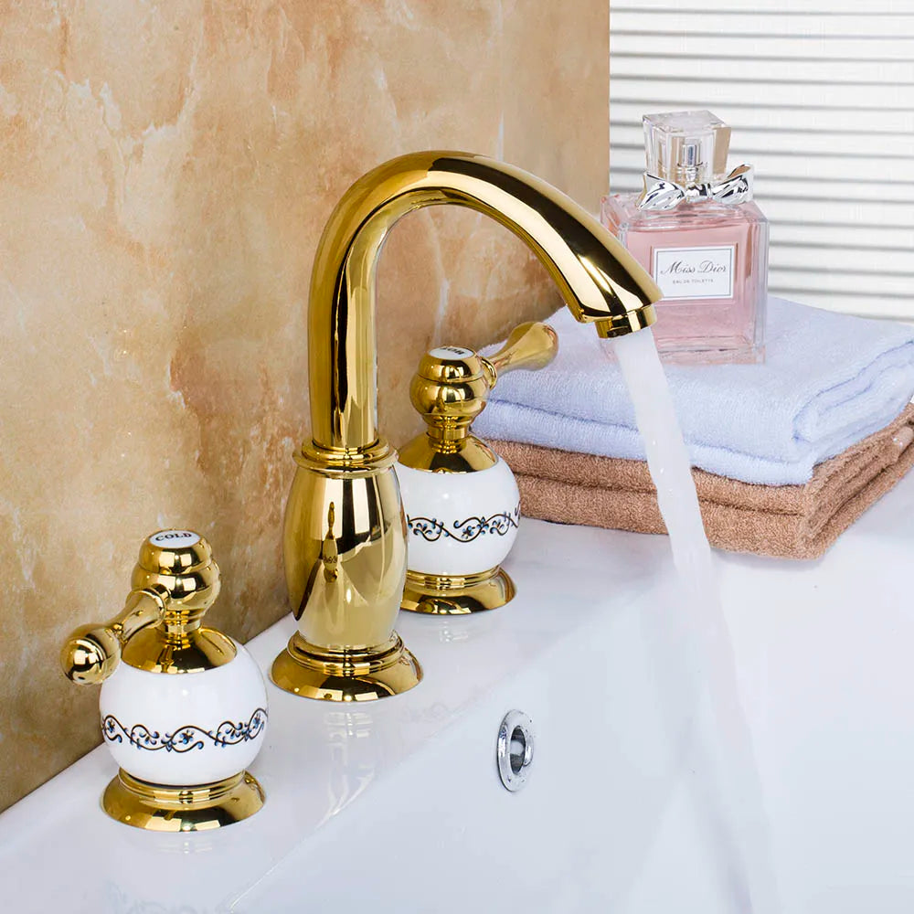 DecorBites™ Golden Plated Bathroom Faucet Set with Ceramic Cross Handles