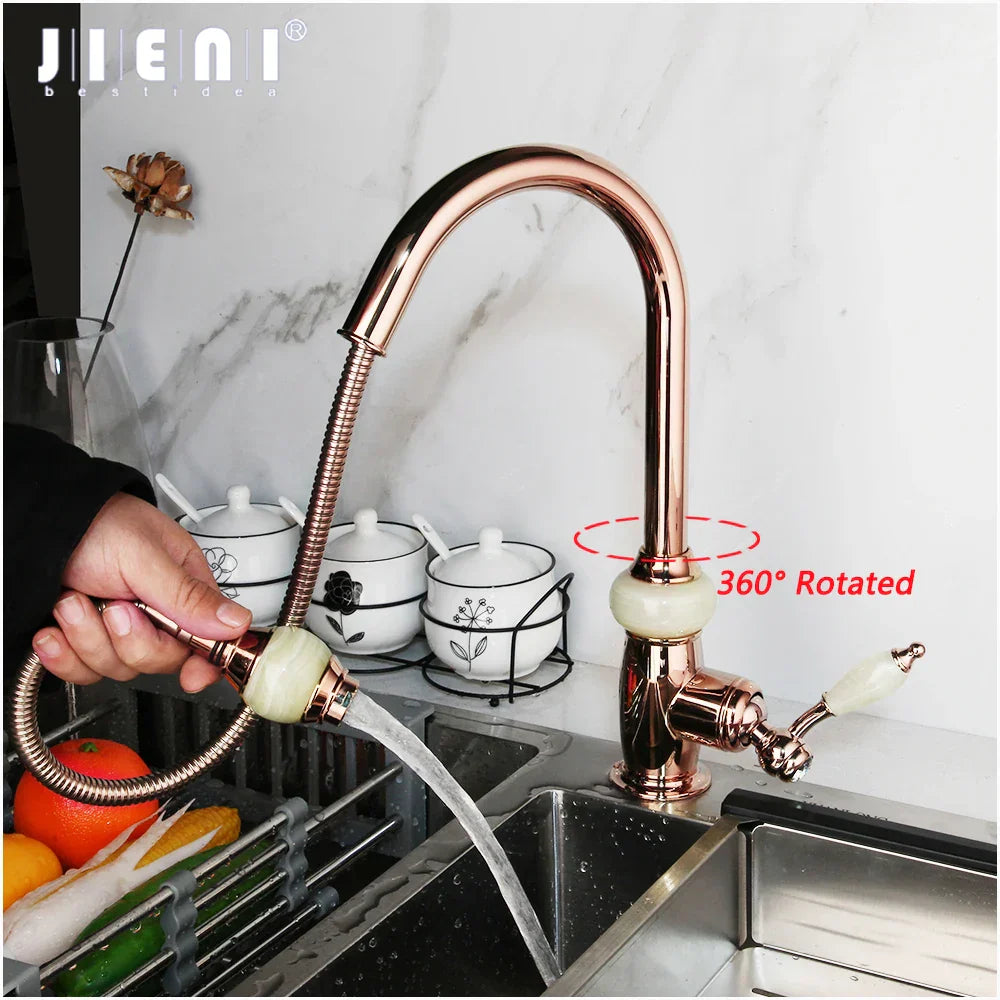 DecorBites™ Golden Jade & Diamond Handle Kitchen Faucet with Swivel Pull Out Function