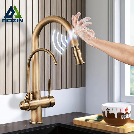 DecorBites™ Antique Brass Kitchen Faucet with Touch Sensor and Swivel Sprayer Tap