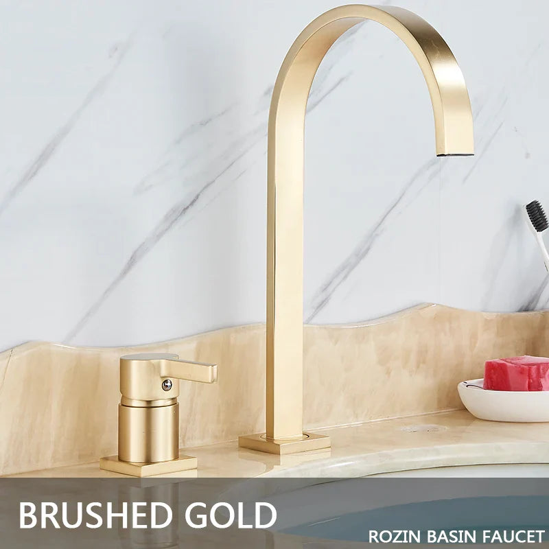 DecorBites™ Brushed Gold Basin Faucet Single Handle Widespread Bathroom Sink Mixer Tap