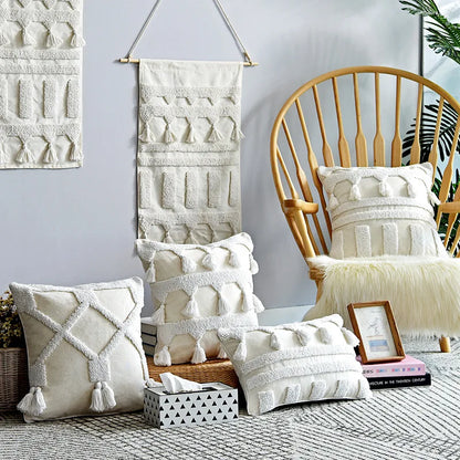DecorBites™ Ivory Tufted Tassel Cushion Cover - Netural Boho Style for Home Decor