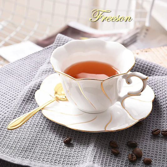 DecorBites™ Gold Wave Bone China Tea Cup Set 200ml High-grade Porcelain Drinkware