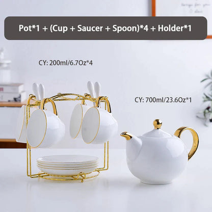 DecorBites™ Elegant Bone China Tea Set | Porcelain Teacup & Teapot Set White Gold