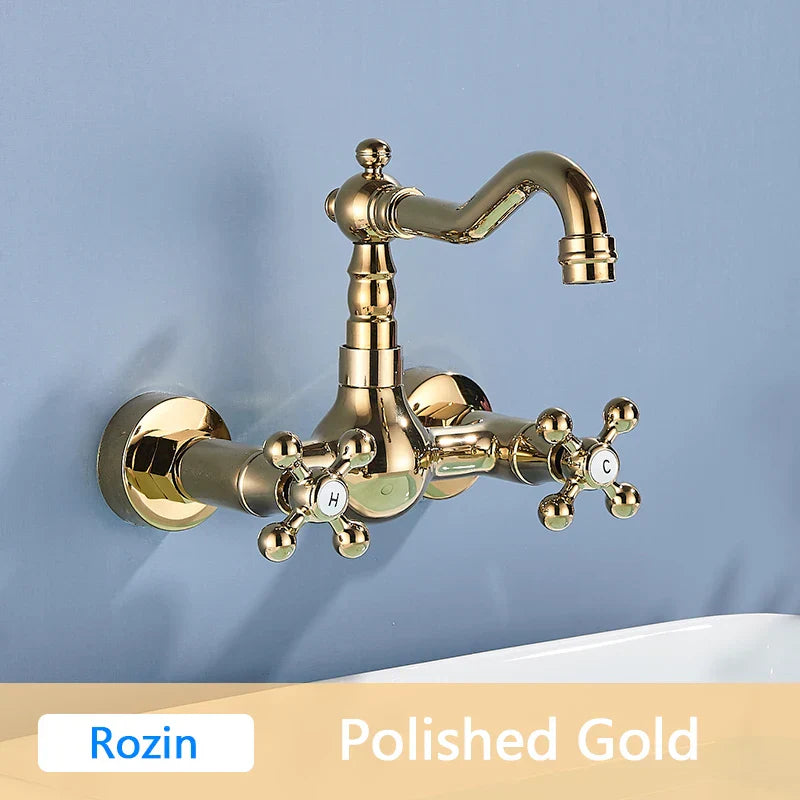 DecorBites™ Antique Brass Basin Faucet Wall Mounted Dual Handles Swivel Spout Mixer Tap