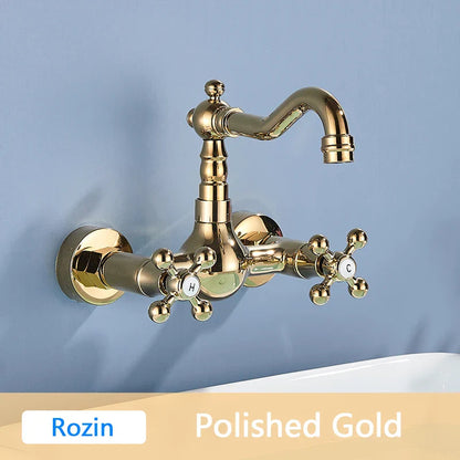 DecorBites™ Antique Brass Basin Faucet Wall Mounted Dual Handles Swivel Spout Mixer Tap