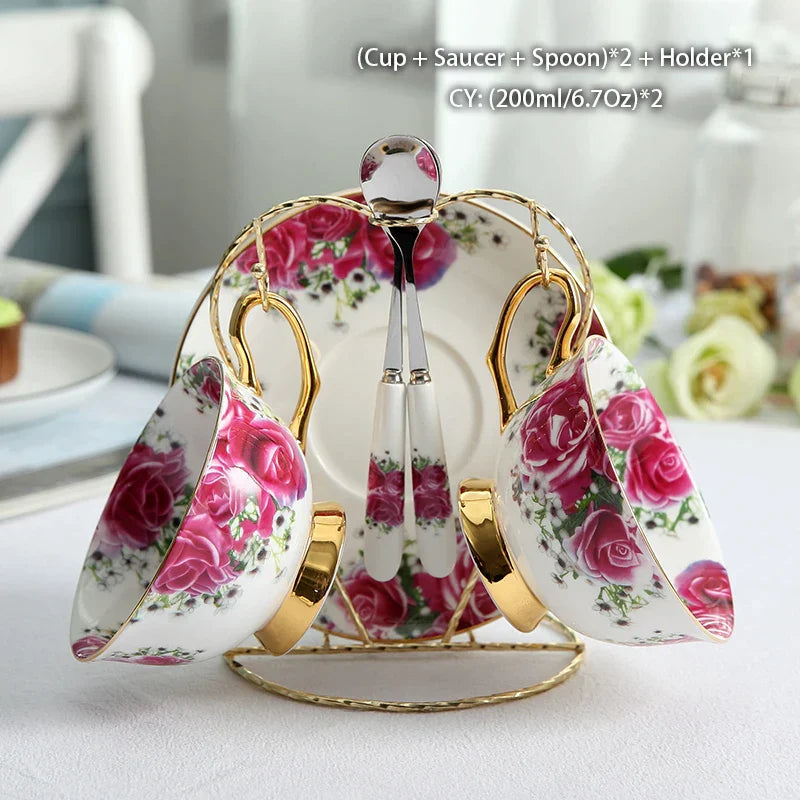 Juego de té DecorBites™ de porcelana fina: taza, platillo, jarra, azucarero, jarra, tetera