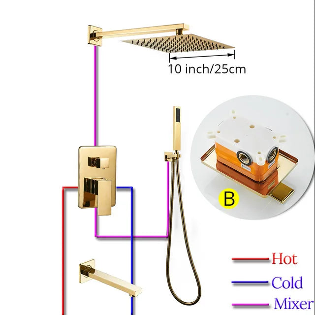 Juego de Grifo de Ducha de Lluvia de Baño Dorado Decorbites™ Oculto en la Pared