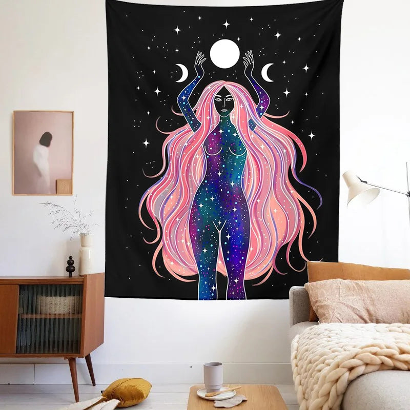 Decobites Moon Phase Mandala Tapestry Wall Hanging - Boho Hippie Witchcraft Decor