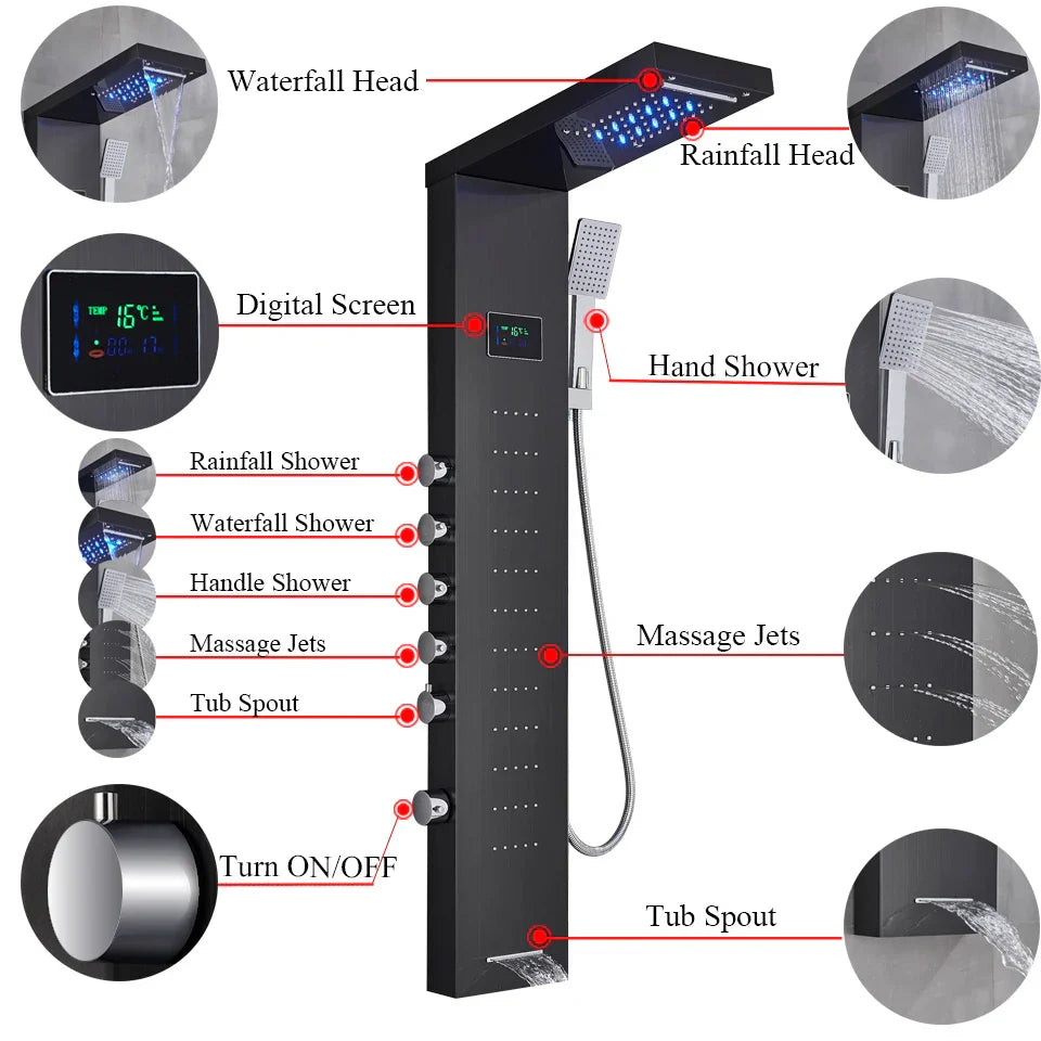 DecorBites™ LED Rainfall Shower Panel Set with Temperature Screen and Hand Sprayer