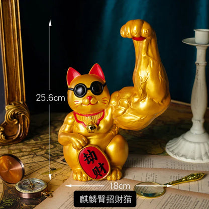 ديكوربايتس™ تمثال القط المحظوظ: ذراع عضلية إبداعية بنمط فنغ شوي لديكور المنزل والمكتب والمتجر