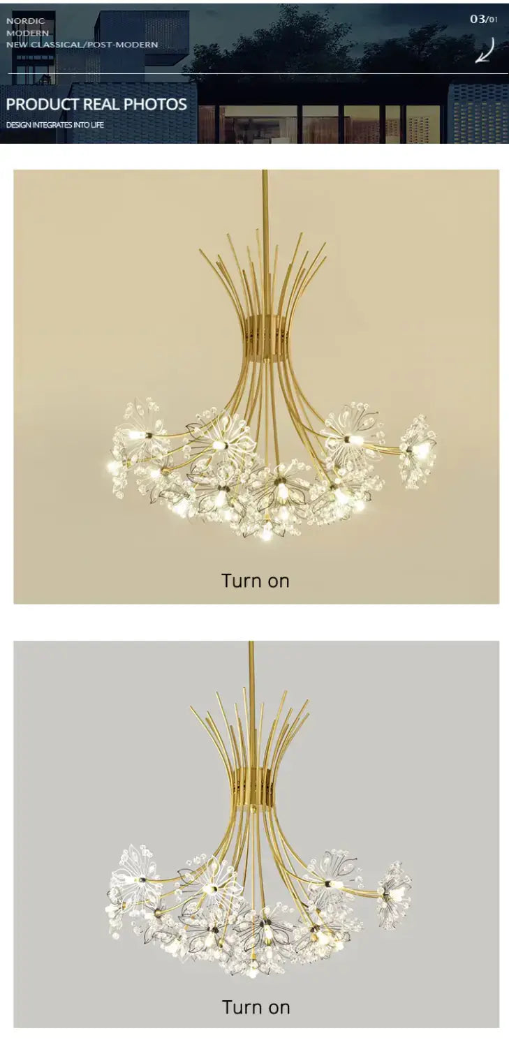 Gold-toned led flowers chandelier with delicate flower-like crystal clusters suspended from a central stem, ideal for dining room lighting.