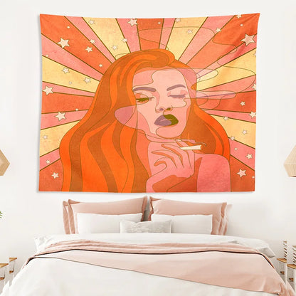 Rainbow Girl Tapestry Wall Hanging Retro Sun Aesthetic Boho Wall Art by Decobites