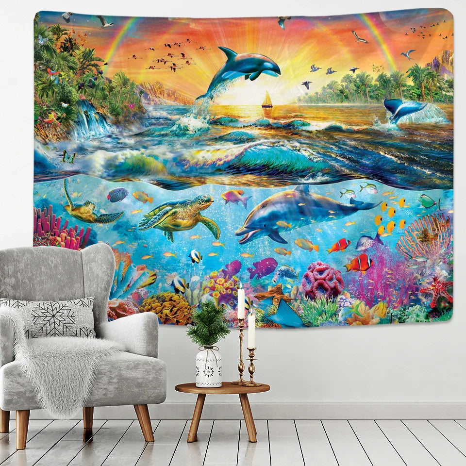 Decobites Rainbow Sea Turtle Dolphin Tapestry Wall Hanging Yoga Mat Beach Towel