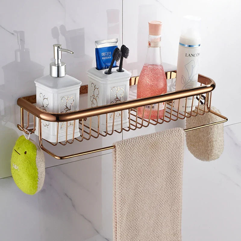 Estante de baño de latón dorado Decorbites™ con perchero para toallas, soporte para champú y canasta