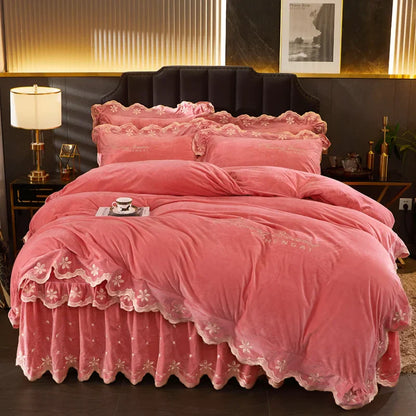 Decobites Velvet Bedding Set with Gold Embroidery & Ruffles