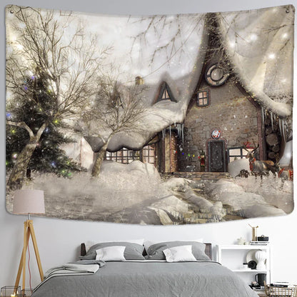 Decobites Christmas Snow House Tapestry Wall Hanging Landscape Art Home Decor