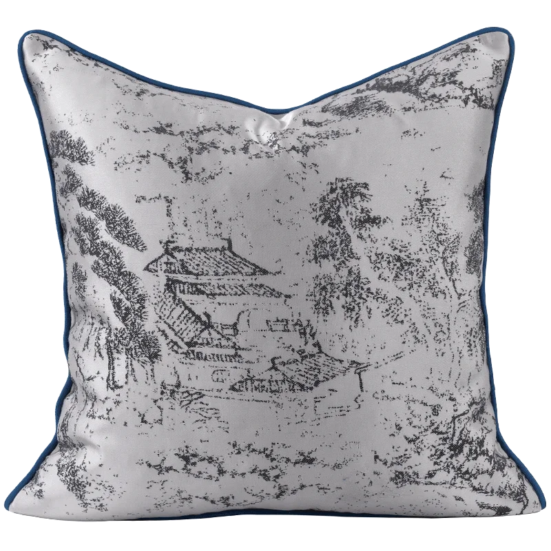 غطاء وسادة مربع من قماش الجاكار بتصميم منظر طبيعي آسيوي من DecorBites™ مقاس 45×45 سم