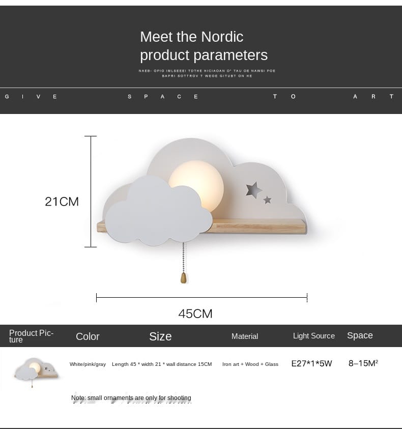 white macaron led cloud wall lamps for children bedroom feature a minimalist cloud-shaped wall sconce crafted from iron art and wood with star cutouts in white or pink-gray tones and a warm glowing bulb, ideal as nordic macaron led wall lamps.