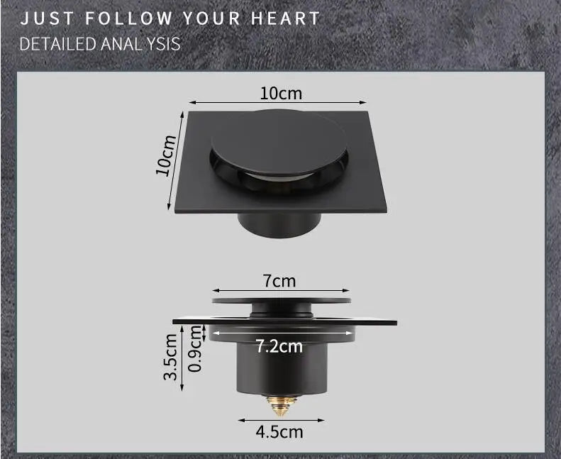 DecorBites™ Brass Shower Floor Drain Black/Chrome Square Cover Grate Waste