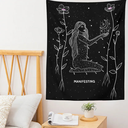 Decobites Moon Phase Mandala Tapestry Wall Hanging - Boho Hippie Witchcraft Decor