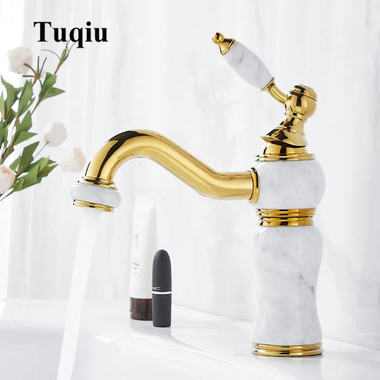 DecorBites™ Gold Brass and Marble Bathroom Basin Faucet Cold Hot Water Mixer Sink Tap