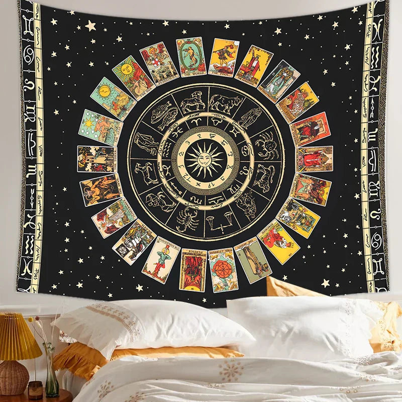 Decobites Tarot Card Tapestry: Zodiac Wheel & Major Arcana Sun Moon Wall Hanging