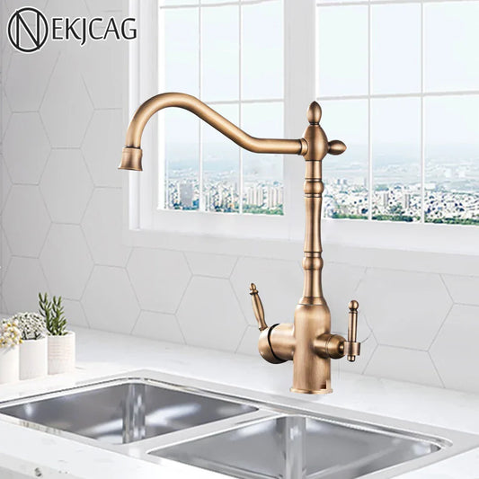 صنبور فلتر مطبخ مزدوج من DecorBites™‎ من النحاس العتيق - خلاط ساخن وبارد