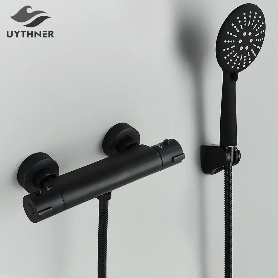 طقم دش ترموستاتي من ديكوربايتس™ باللونين الأسود والكروم مع حامل حائط - إكسسوارات الحمام