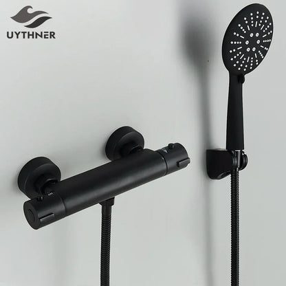 طقم دش ترموستاتي من ديكوربايتس™ باللونين الأسود والكروم مع حامل حائط - إكسسوارات الحمام