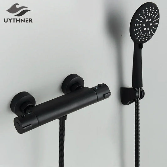 DecorBites™ Black/Chrome Brass Thermostatic Shower Set with Wall Mount - Bathroom Accessories