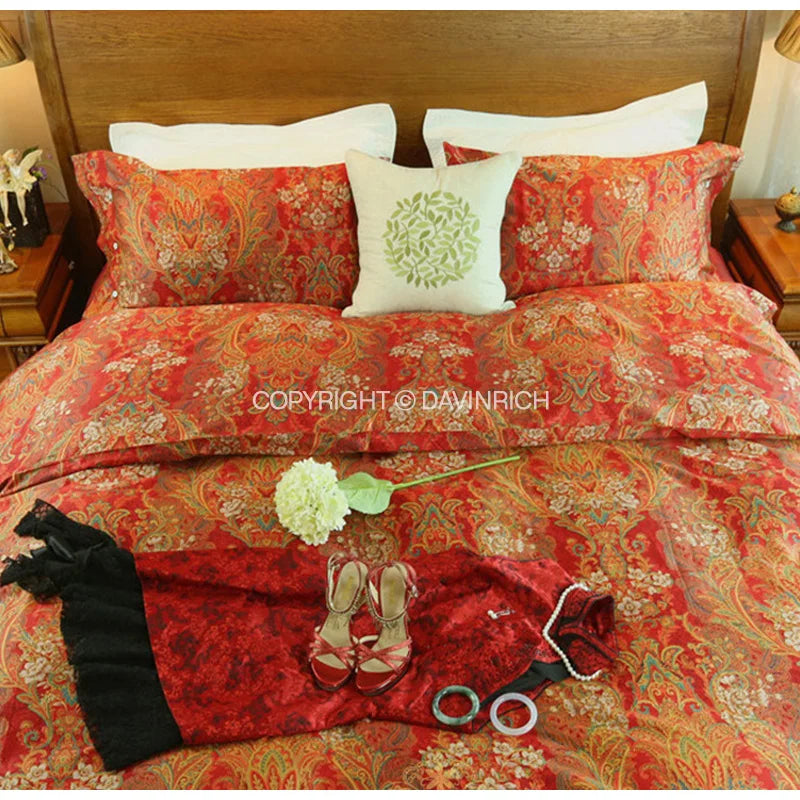 DecorBites™ Chinese Red Satin Cotton Wedding Duvet Set - Luxury Handmade Retro Bedding