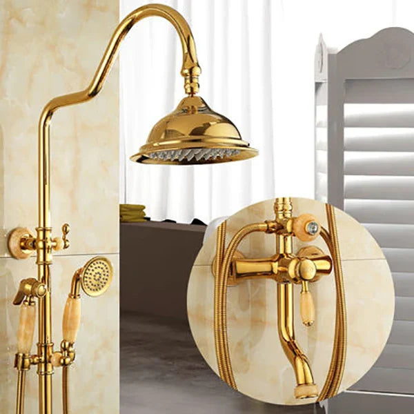 DecorBites™ Gold Brass Jade Bath Shower Set Wall Mounted Rainfall Hand Shower Faucet