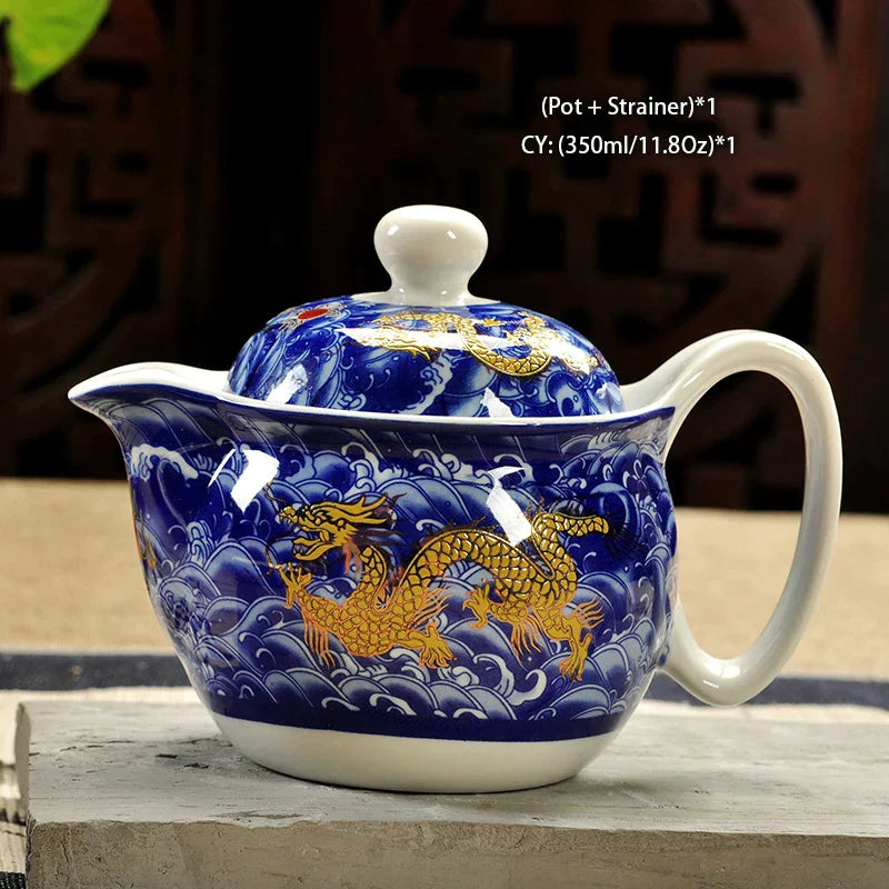 DecorBites™ Ceramic Kung Fu Teapot with Dragon Design 350ml - Handmade Porcelain Tea Pot