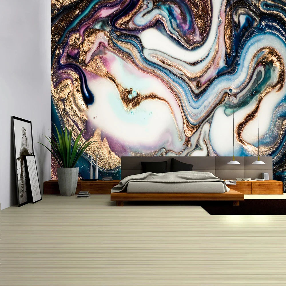 Decobites Boho Marble Abstract Tapestry: Gold Foil Colorful Wall Hanging Art