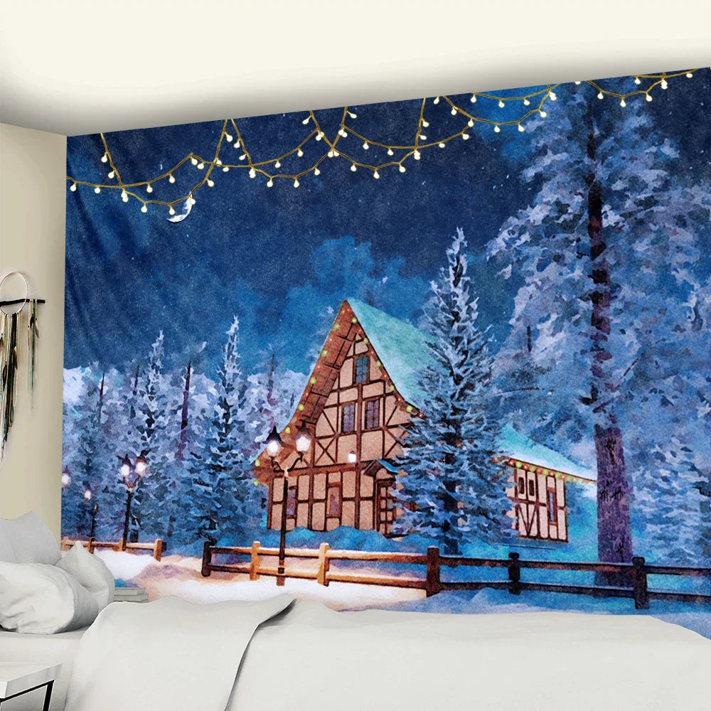 Decobites Christmas Village Wooden House Tapestry Ice and Snow Wall Hanging