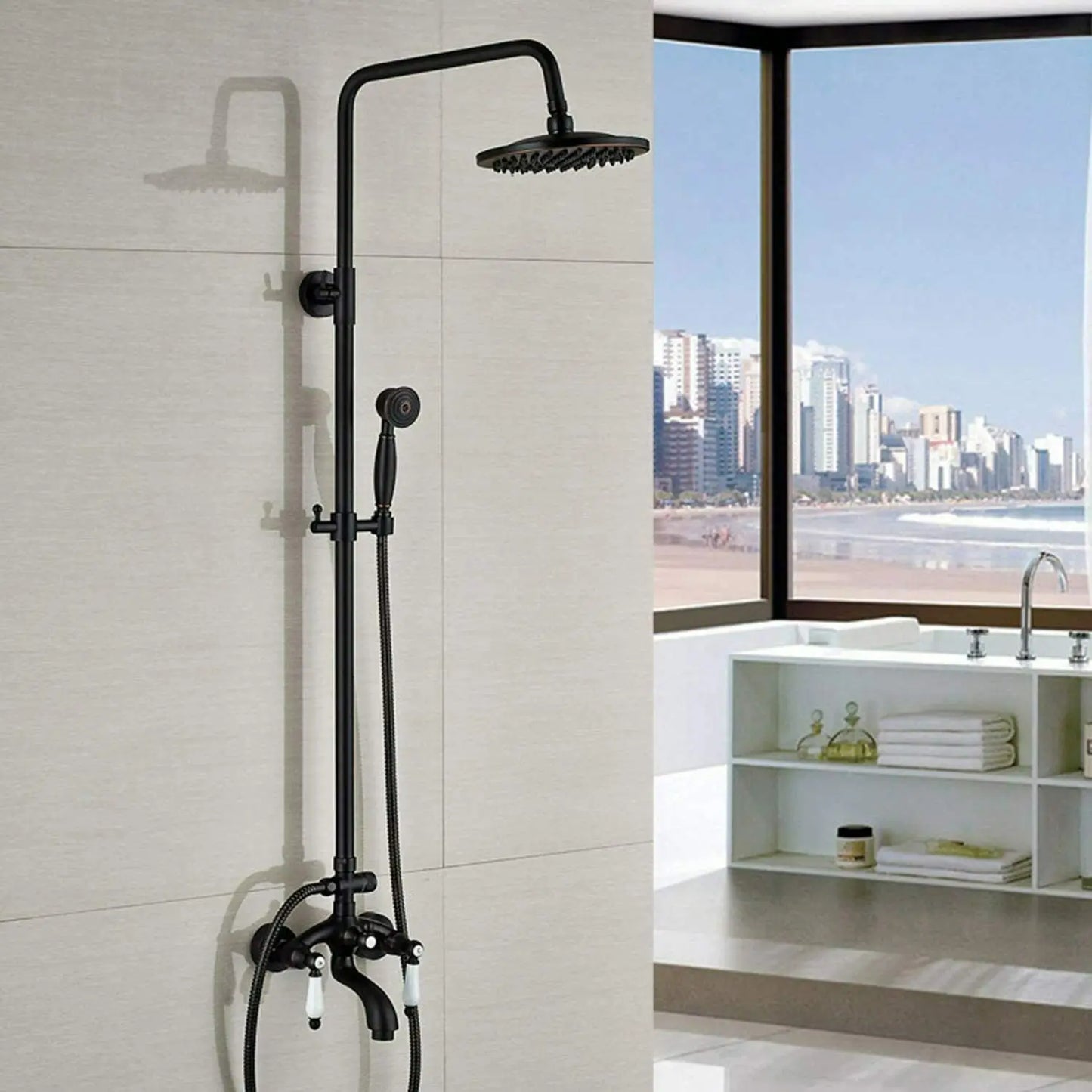 DecorBites™ Black Bronze Bathroom Shower Faucet Set with Dual Ceramic Handles & 8" Rainfall Column