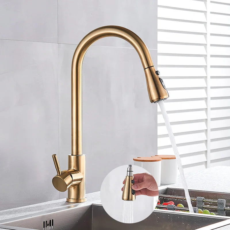 DecorBites™ Gold Brass Kitchen Faucet Rotatable Mixer Tap Single Handle Hot&Cold Water
