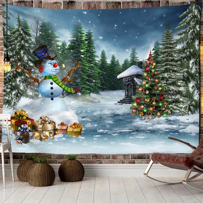 Decobites Christmas Woods Snow Scene Tapestry Wall Hanging - Elk Bohemian Style Bed Curtain Home Decor