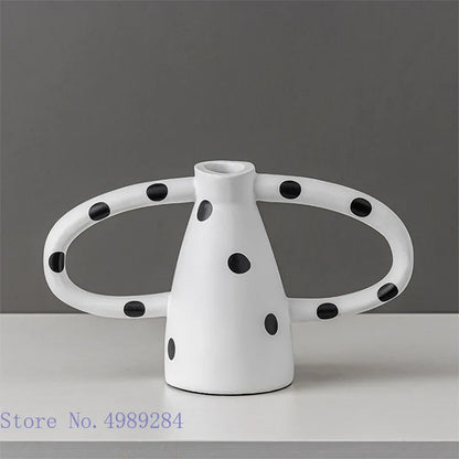 DecorBites™ Ceramic Vase with Black and White Spots | Abstract Wave Point Design