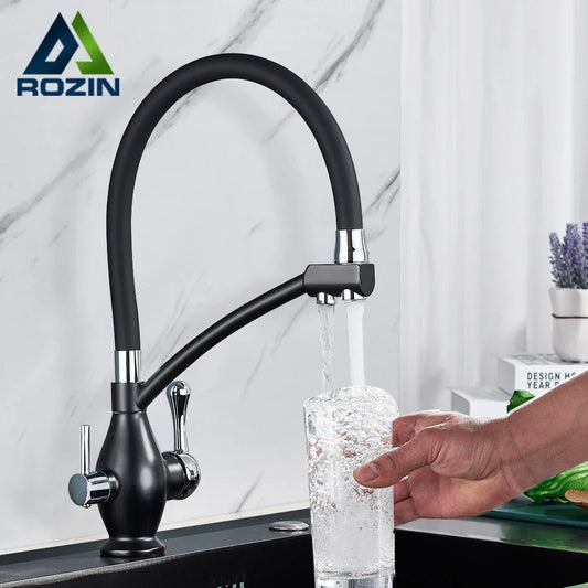 DecorBites™ Dual Spout Black Kitchen Faucet with Filter, Swivel Pull Down Nozzle