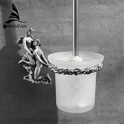 DecorBites™ Gold/Silver Romantic Toilet Brush Holder Set with Glass Cup & Brass Handle