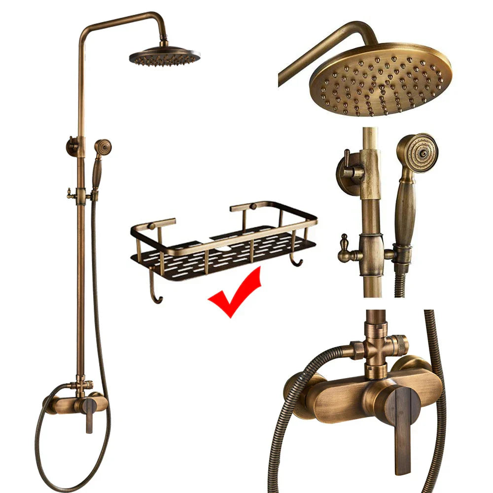 Juego de mezclador de grifo de ducha de latón DecorBites™ con cabezal de lluvia de 8", estante de almacenamiento y ganchos