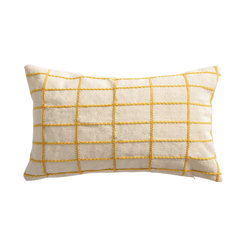 DecorBites™ Cotton Woven Check Yellow Grey Ivory Cushion Cover for Home Living Room