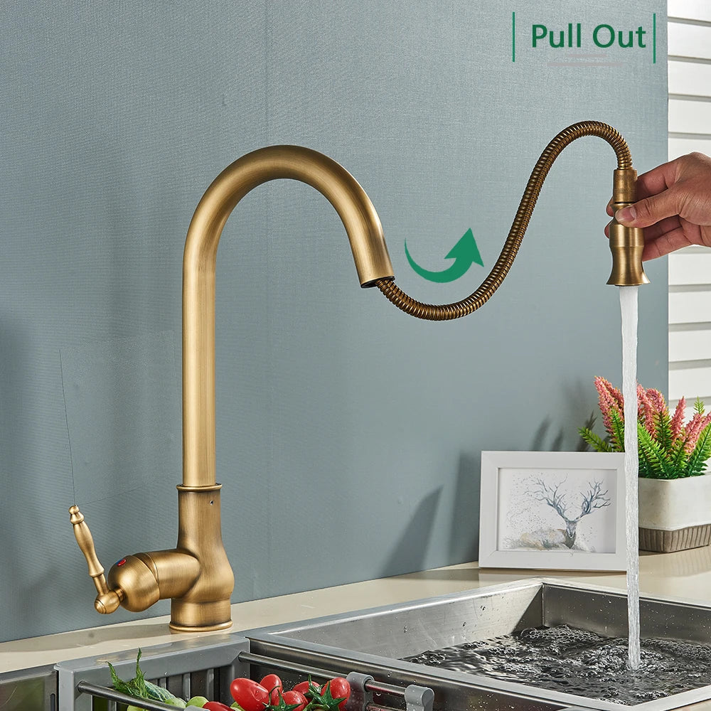 DecorBites™ Antique Brass Kitchen Faucet Pull Out Spout Black Swivel Mixer Tap