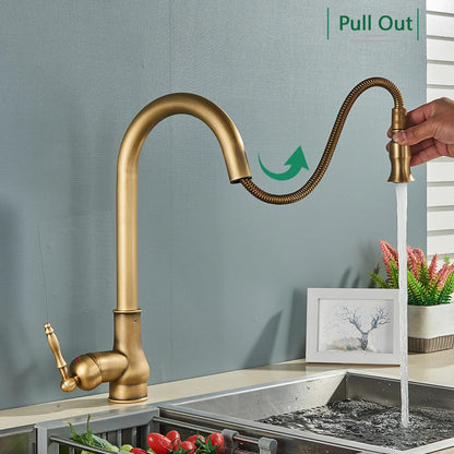 DecorBites™ Antique Brass Kitchen Faucet Pull Out Spout Black Swivel Mixer Tap