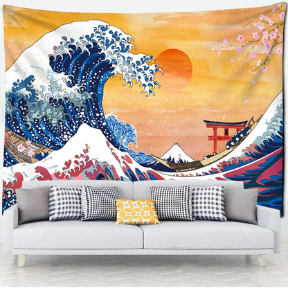 Decobites Kanagawa Waves Oil Painting Tapestry Wall Hanging, Bohemian Style Psychedelic Hippie Art