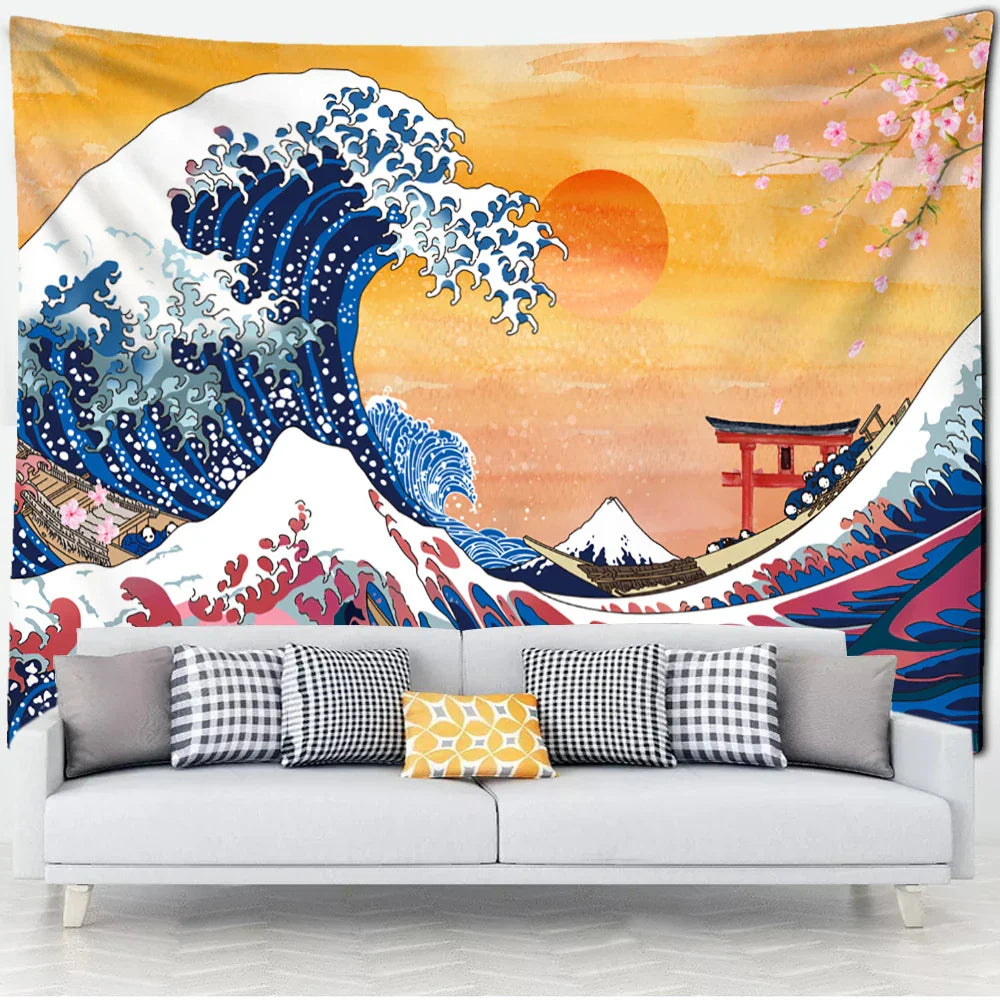 DecorBites™ Kanagawa Waves Oil Painting Tapestry Wall Hanging, Bohemian Style Psychedelic Hippie Art