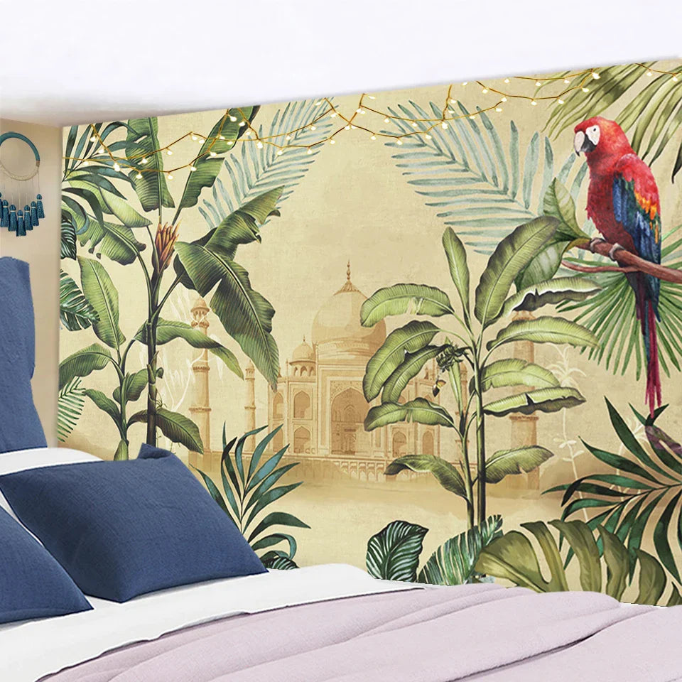 Decobites Tropical Palm Parrot Tapestry Wall Hanging - Beach Wall Cloth Carpet